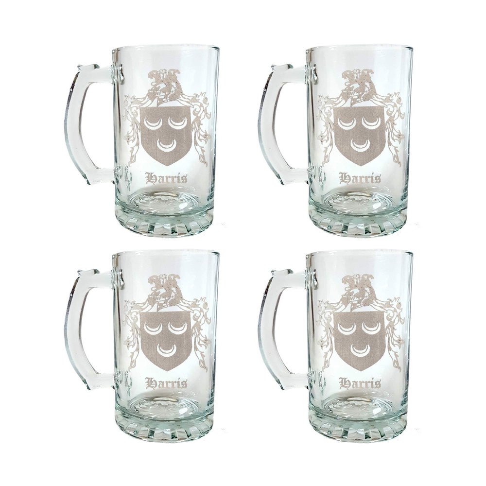 Harris Family English Coat of Arms Beer Stein Set of 4 - Personalized Heraldic Engraving, 16oz