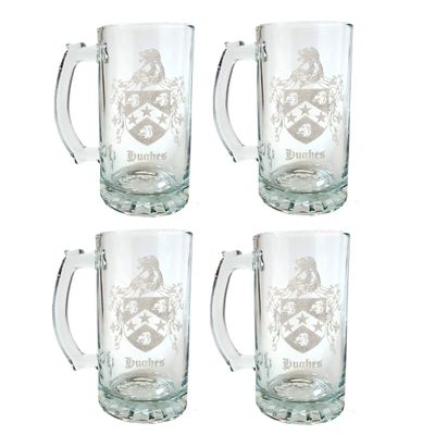 Hughes Coat of Arms Beer Stein Set of 4  16 oz | Engraved Family Crest Glass | Free Personalized Engraving