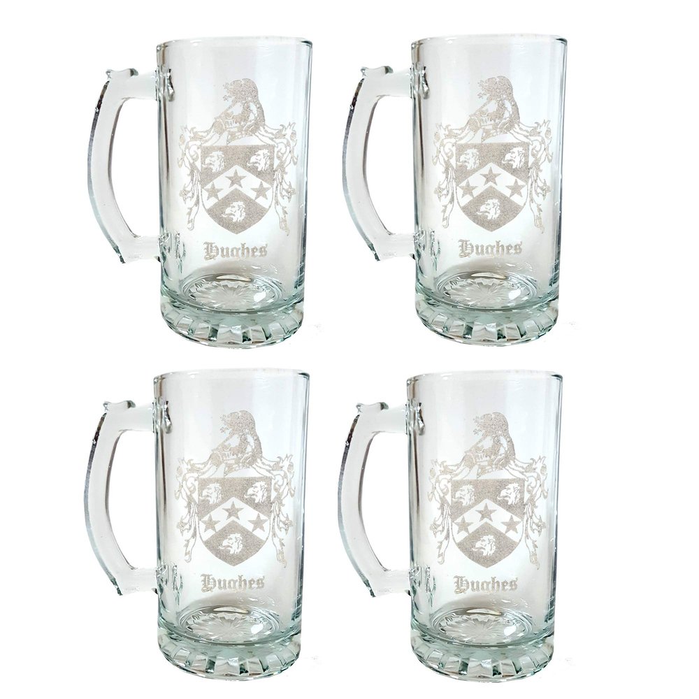 Hughes Coat of Arms Beer Stein Set of 4  16 oz | Engraved Family Crest Glass | Free Personalized Engraving