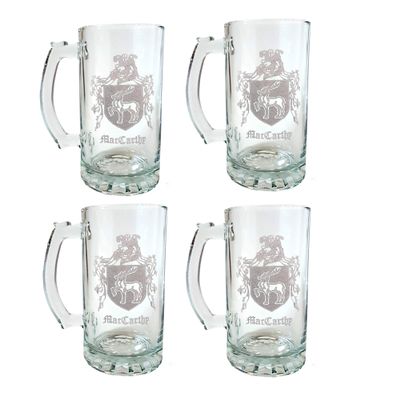 MacCarthy Irish Family Coat of Arms Beer Stein  16 oz, Set of 4 Personalized Heraldic Engraving