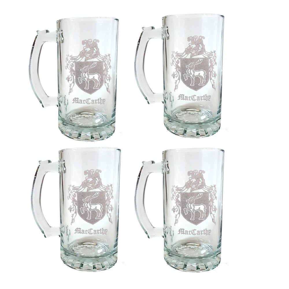 MacCarthy Irish Family Coat of Arms Beer Stein  16 oz, Set of 4 Personalized Heraldic Engraving