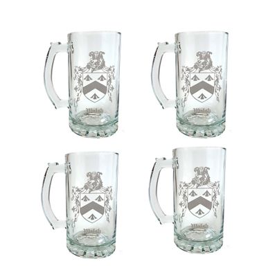 Walsh Irish Coat of Arms Beer Stein Set  16oz Engraved Glass Steins, Set of 4  Personalized Irish Heritage Barware with Family Crest