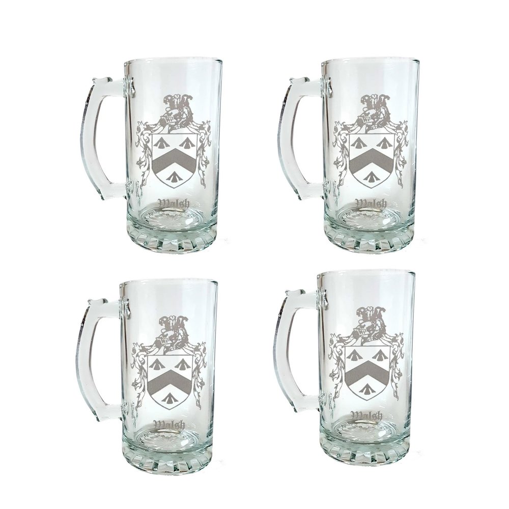 Walsh Irish Coat of Arms Beer Stein Set  16oz Engraved Glass Steins, Set of 4  Personalized Irish Heritage Barware with Family Crest