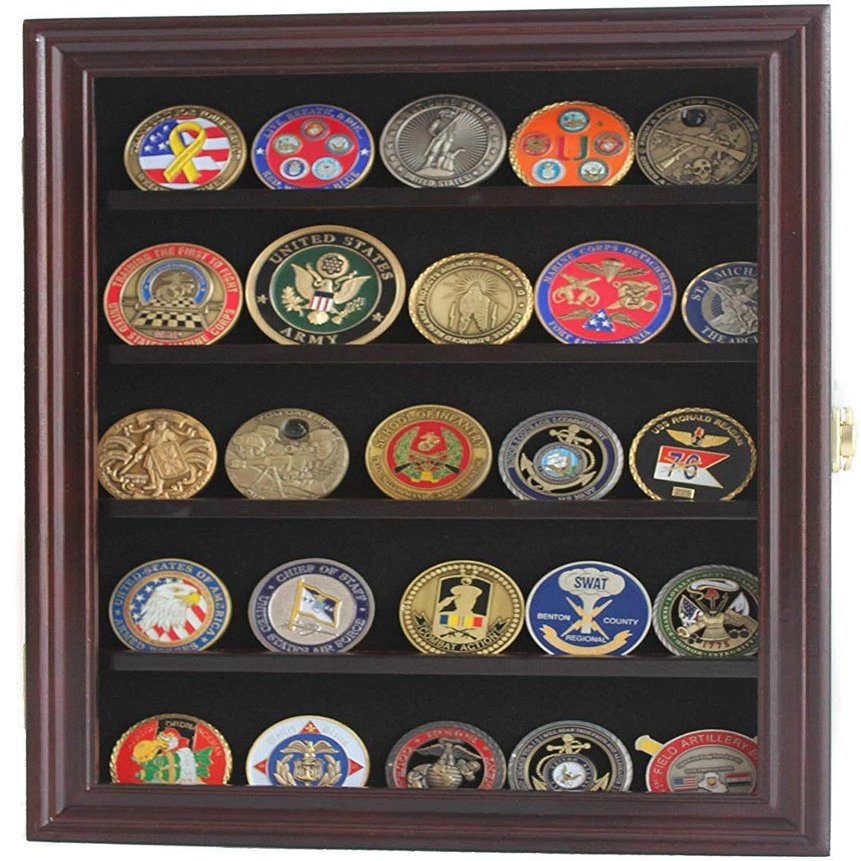 flag connections Lockable 30 Military Challenge Coin, Sport Competition Coin, Casino Chip Display Case Wall Mounted Cabinet, with Lock