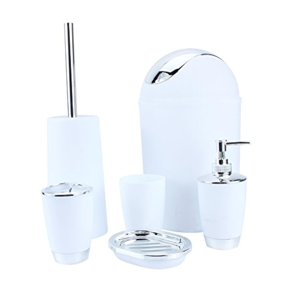 Bathroom Accessories Set 6 Piece Bath Ensemble Includes Dispenser, Toothbrush Holder, Toothbrush Cup, Dish for Decorative Countertop and Housewarming Gift