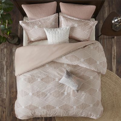 Ink+Ivy Queen Comforter Set Geometric Cotton Comforters Farmhouse with Clipped Jacquard, All Season, Down Alternative Lightweight & Fluffy Bedding, Matching Shams, Ellipse, Full/Queen, Blush 3 Piece