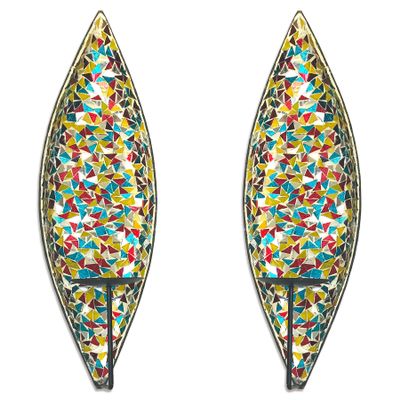 DecorShore Bella Palacio Glass Mosaic & Metal Wall Mounted Decorative Candle Holder Wall Sconce, Set of 2, Large Size 18 in. Light Weight Wall Decor (Retro Rainbow)