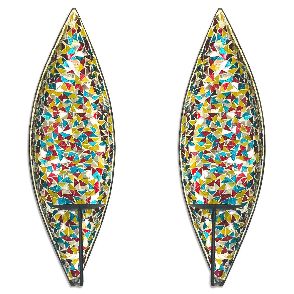 DecorShore Bella Palacio Glass Mosaic & Metal Wall Mounted Decorative Candle Holder Wall Sconce, Set of 2, Large Size 18 in. Light Weight Wall Decor (Retro Rainbow)