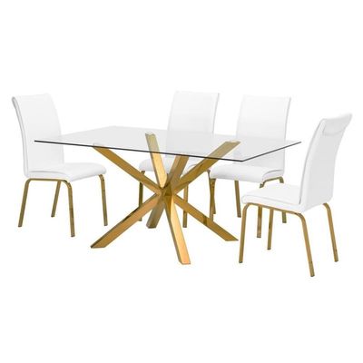 Best Quality Furniture 5PC Dining Set (1 Table + 4 Chairs), White, Gold