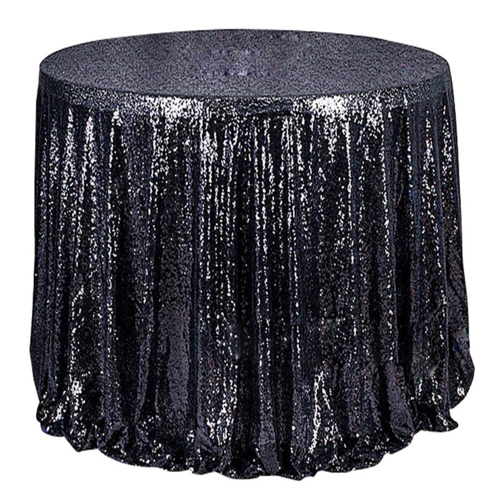 Liveinu Sparkle Glitz Sequin Tablecloth Party Table Cover Table Runner for Wedding Cake Dessert Table Exhibition Events Table Linens Round 128" Inch Black