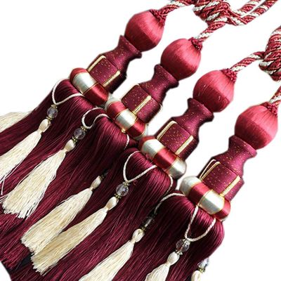 1 Pair Double Balls Luxurious Curtain Buckle European Style Curtain Tiebacks Rope Beaded Tassels Curtain Tiebacks (Jujube red)
