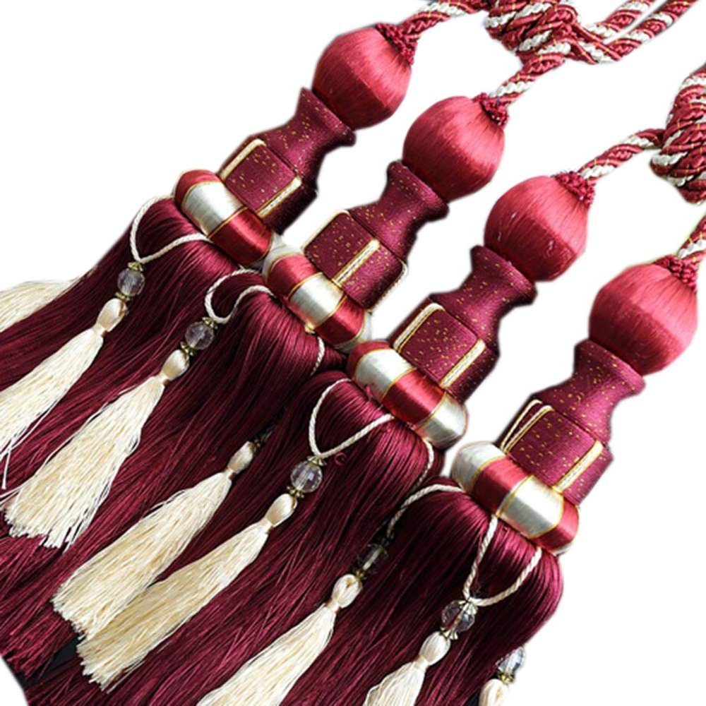 1 Pair Double Balls Luxurious Curtain Buckle European Style Curtain Tiebacks Rope Beaded Tassels Curtain Tiebacks (Jujube red)