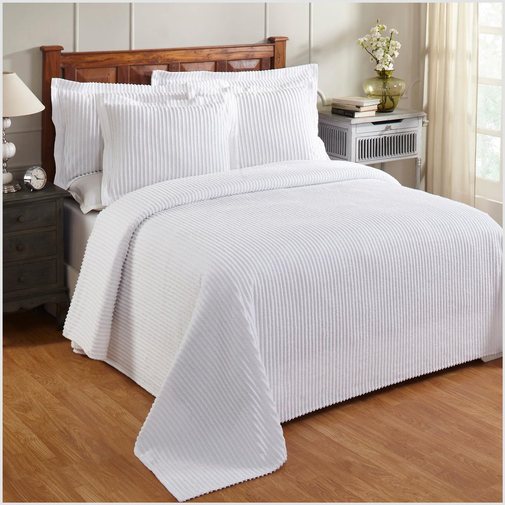 Better Trends Chenille Bedspreads King Size, White 100% Cotton Chenille Stripe Design Tufted Bedding Coverlet Soft Lightweight, 120"x110" 1 Piece Jullian Collection