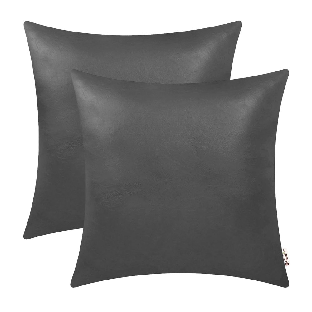 BRAWARM Faux Leather Throw Pillow Covers 18 X 18 Inches - Charcoal Gray Leather Pilow Covers Pack of 2, Solid Dyed Leather Pillowcases for Couch Bed Sofa Garden Home Decorative