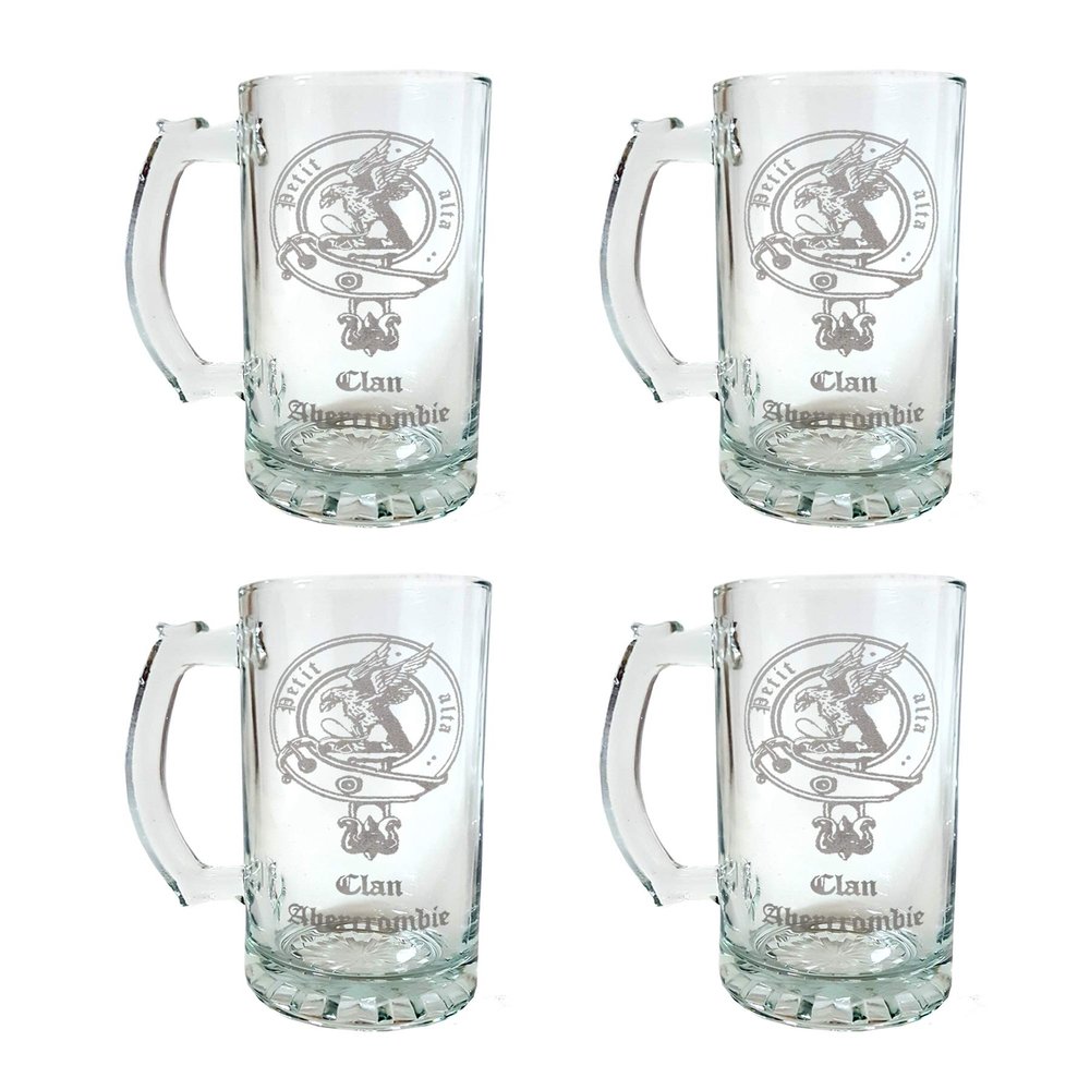 Abercrombie Scottish Clan Crest Beer Stein Set of 4  16oz Engraved Glass Mugs With Personalization