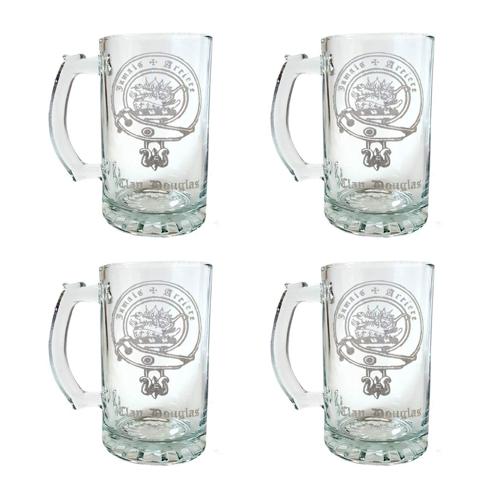 Douglas Scottish Clan Crest 16oz Beer Stein Set of 4  Personalized Heraldic Engraving