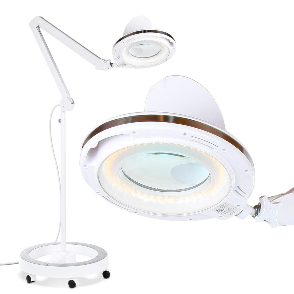 Brightech LightView Pro Magnifying Glass with Light and Stand, Magnifying Floor Lamp with a 6-Wheel Rolling Base for Facials, Lash Estheticians, Dimmable LED Work Light for Sewing, Crafts