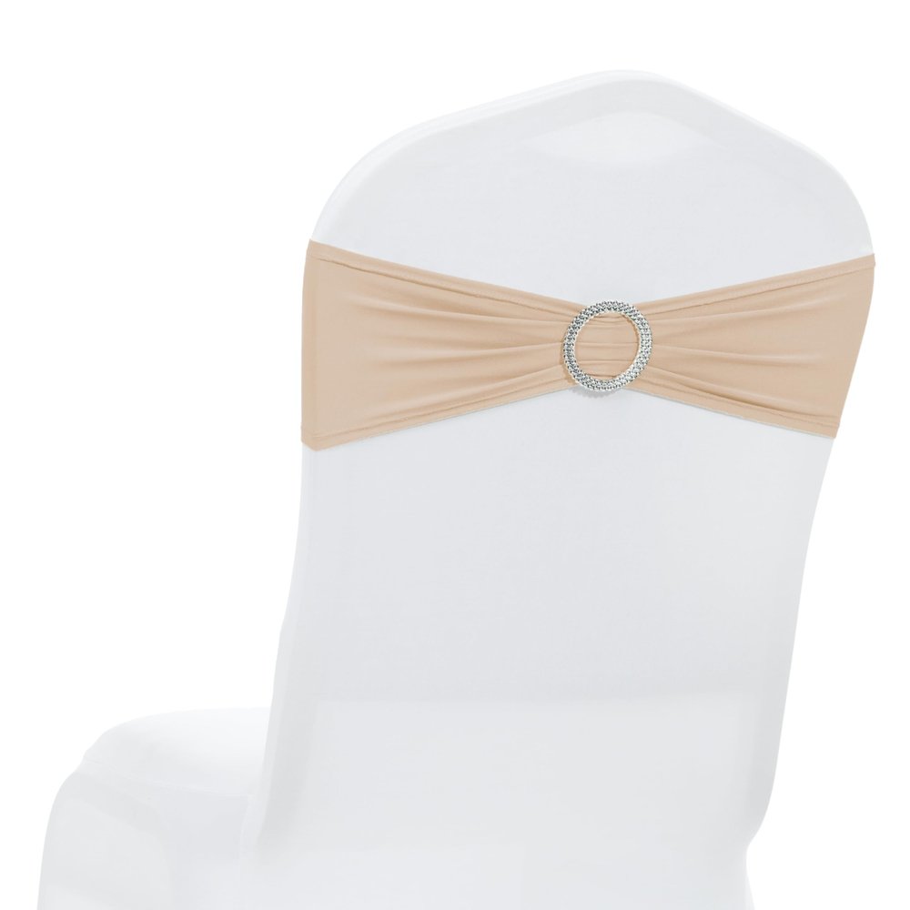 MDS Pack of 50 Spandex Chair Sashes Bow Premium Stretch Chair Cover Band with Buckle Slider Universal fits Elastic Dining Chair Ties for Wedding Party Banquet Events Decoration - Champagne Gold