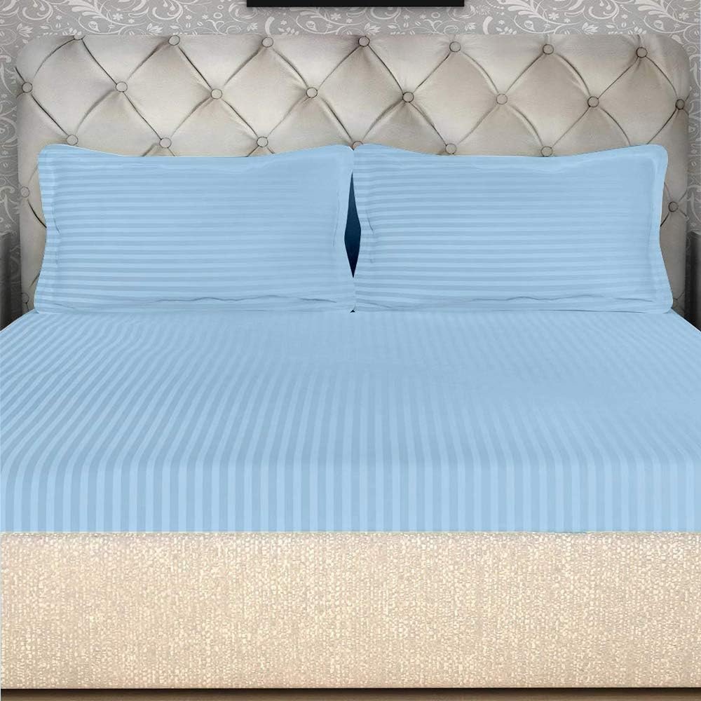 4 Piece Sheet Set Eastern King (76"x80") Size Light Blue Stripe, 100% Egyptian Cotton, High-Thread-Count Cooling Bed Sheets, 24 Inch Deep Pocket of Fitted Sheet, Eastern King Size Cotton Sheets Set