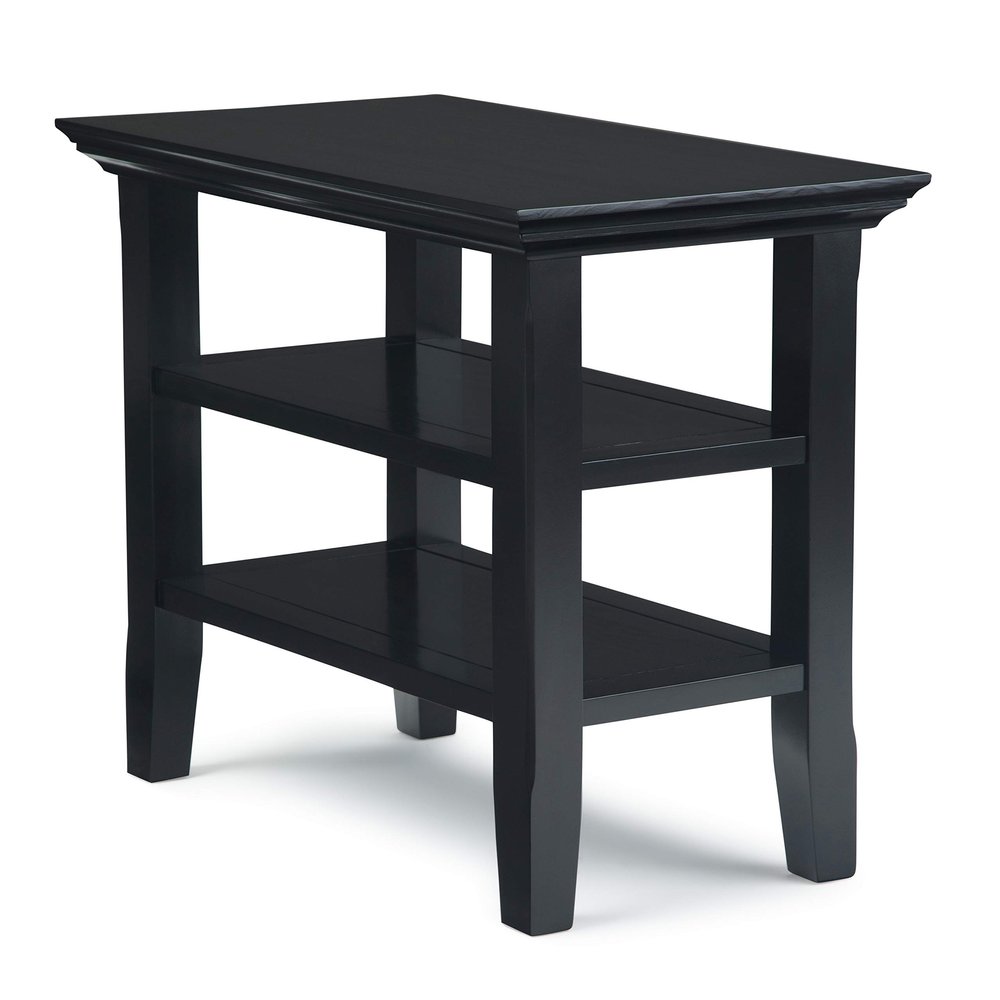 SIMPLIHOME Acadian Narrow Side Table - 14 inch Wide Solid Wood Rectangular End Table with 2 Open Shelves in Black, Transitional Lamp Stand or Nightstand for Living Room or Bedroom with Storage