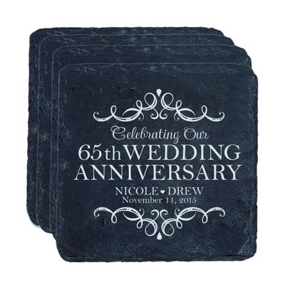 LifeSong Milestones Personalized 65th Anniversary Absorbent Slate Coaster 4 Piece Set 65 Years of Marriage - Sixty Five Year Wedding Keepsake Gift for Parents Husband Wife him her 4