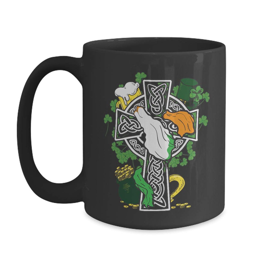 BeeTeeStore Celtic Cross Ireland Mug - Irish Heritage Symbol Design - 15oz Black Ceramic Coffee Cup for St. Patrick's Day and Thoughtful Heritage Gifts - Large Tea Mug