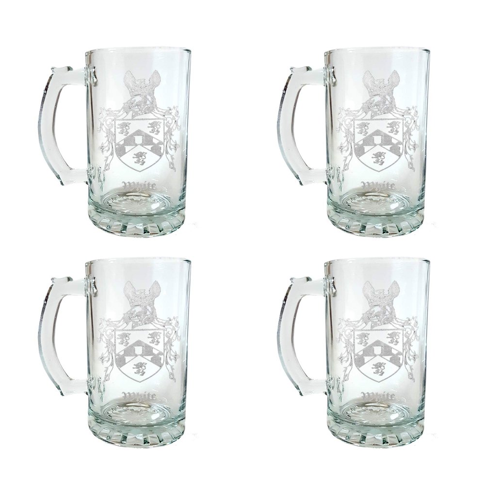 White Family Coat of Arms 16oz Beer Stein Set of 4  Custom Engraved Glasses