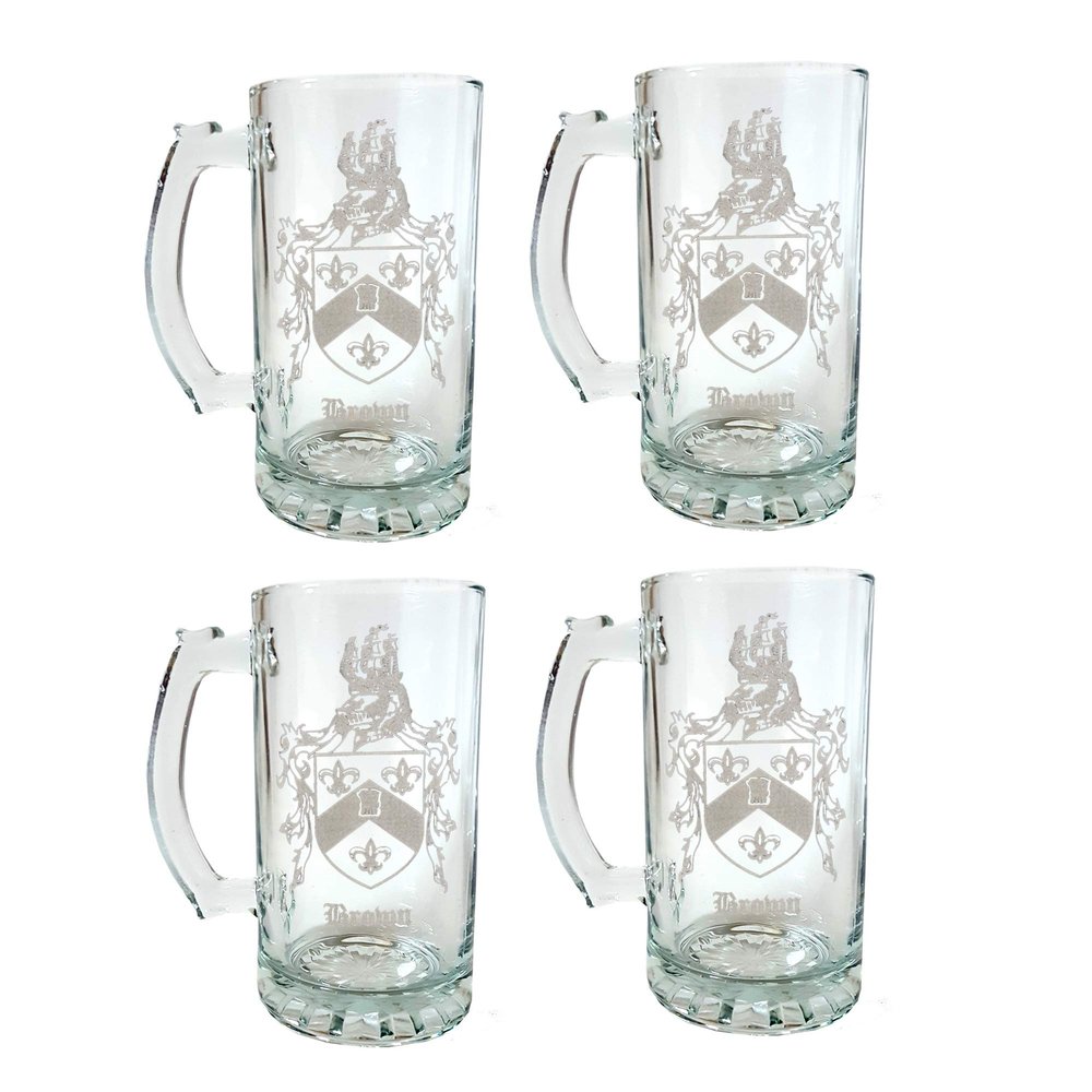 Brown Coat of Arms Beer Stein, 16oz Glass with Irish Heraldry Design  Personalized Engraving