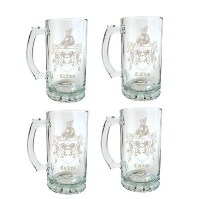 Collins Irish Family Coat of Arms 16oz Beer Stein Set of 4  Personalized Heraldic Engraving