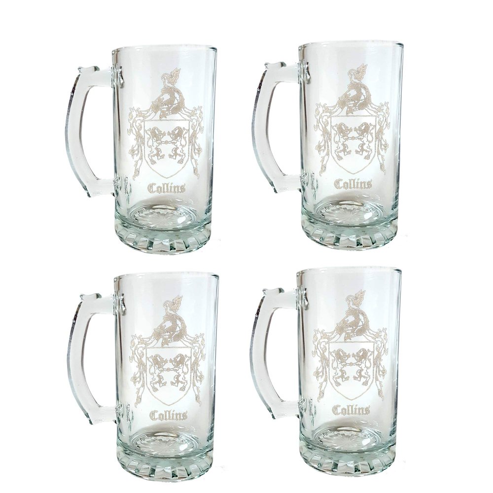 Collins Irish Family Coat of Arms 16oz Beer Stein Set of 4  Personalized Heraldic Engraving