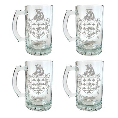 Gallagher Irish Family Coat of Arms 16oz Beer Stein Set of 4 - Personalized Heraldic Engraving