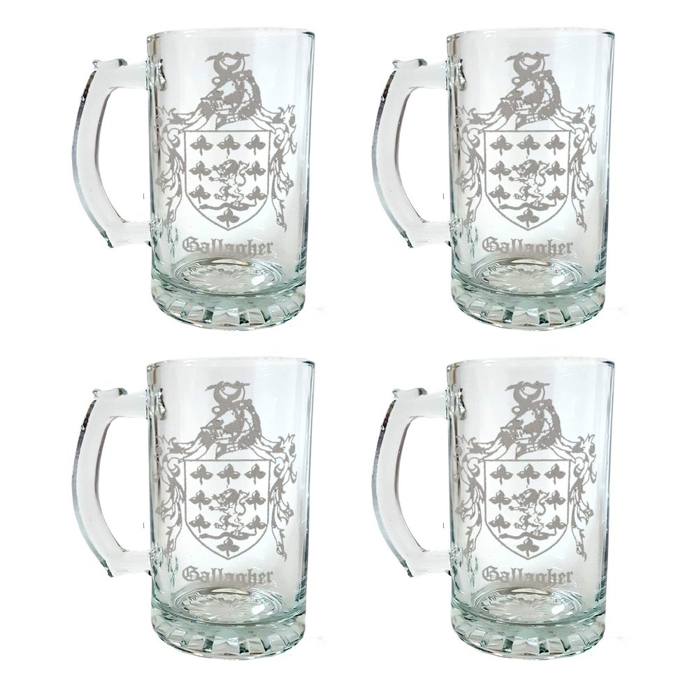 Gallagher Irish Family Coat of Arms 16oz Beer Stein Set of 4 - Personalized Heraldic Engraving