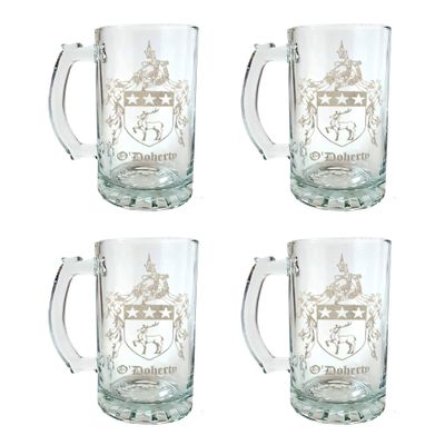 O'Doherty Irish Family Coat of Arms 16oz Beer Stein Set of 4  Personalized Heraldic Engraving