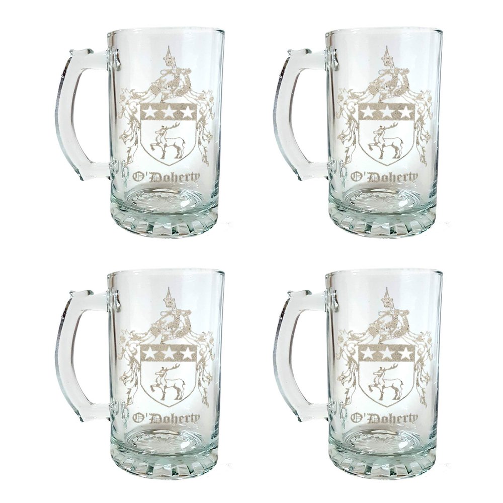 O'Doherty Irish Family Coat of Arms 16oz Beer Stein Set of 4  Personalized Heraldic Engraving