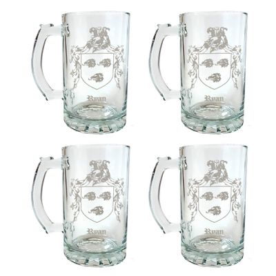 Ryan Irish Family Coat of Arms Beer Stein Set of 4  16 oz Personalized Heraldic Engraving