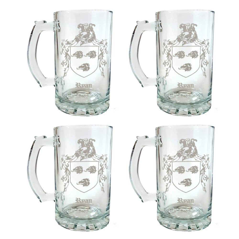 Ryan Irish Family Coat of Arms Beer Stein Set of 4  16 oz Personalized Heraldic Engraving