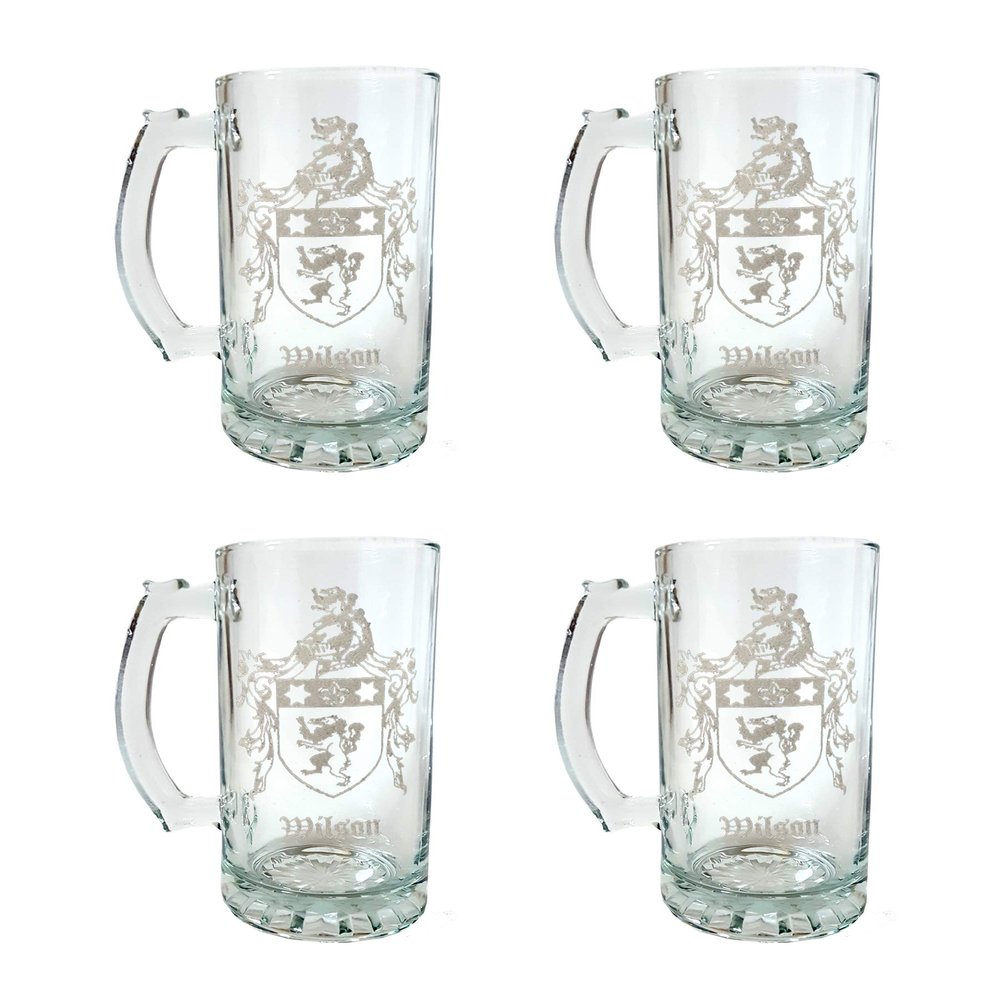 Wilson Irish Family Coat of Arms 16oz Beer Stein Set of 4: Free Shipping & Personalized Engraving