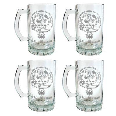 Burnett Scottish Clan Crest Beer Stein Set of 4  16oz Personalized Heraldic Engraving