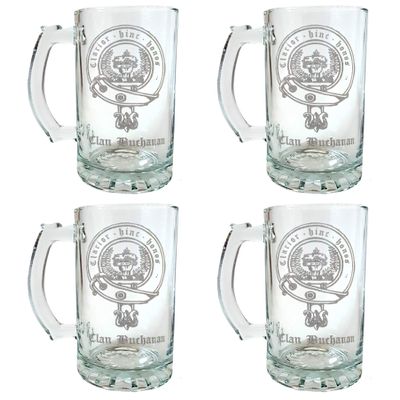 Buchanan Scottish Clan Crest Beer Stein 16 oz Set of 4  Personalized Heraldic Engraving