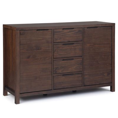 SIMPLIHOME Hollander Buffet - 54 inch Wide Solid Wood 3-Door Sideboard Buffet in Warm Walnut Brown, Contemporary Storage Cabinet for Dining Room or Kitchen with Adjustable Shelves and Metal Handles