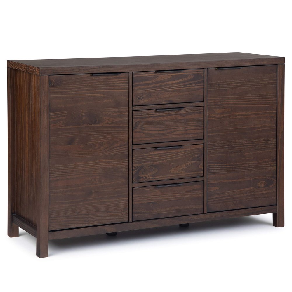 SIMPLIHOME Hollander Buffet - 54 inch Wide Solid Wood 3-Door Sideboard Buffet in Warm Walnut Brown, Contemporary Storage Cabinet for Dining Room or Kitchen with Adjustable Shelves and Metal Handles