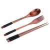 Dilwe Wooden Spoon Fork Set, Portable 3pcs Tableware Cutlery Set Spoon Fork Chopsticks with Thread for Family Travel Use(with Black Thread) view 2