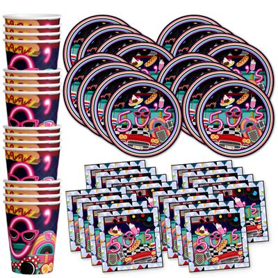 50's Diner Birthday Party Supplies Set Plates Napkins Cups Tableware Kit for 16