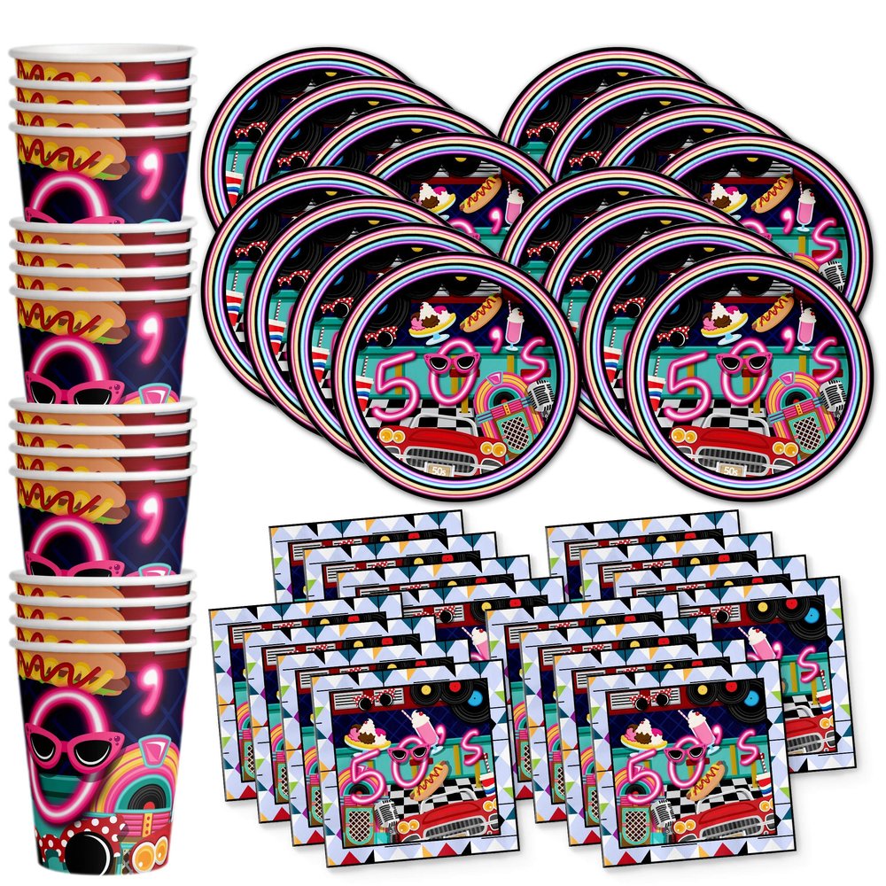 50's Diner Birthday Party Supplies Set Plates Napkins Cups Tableware Kit for 16