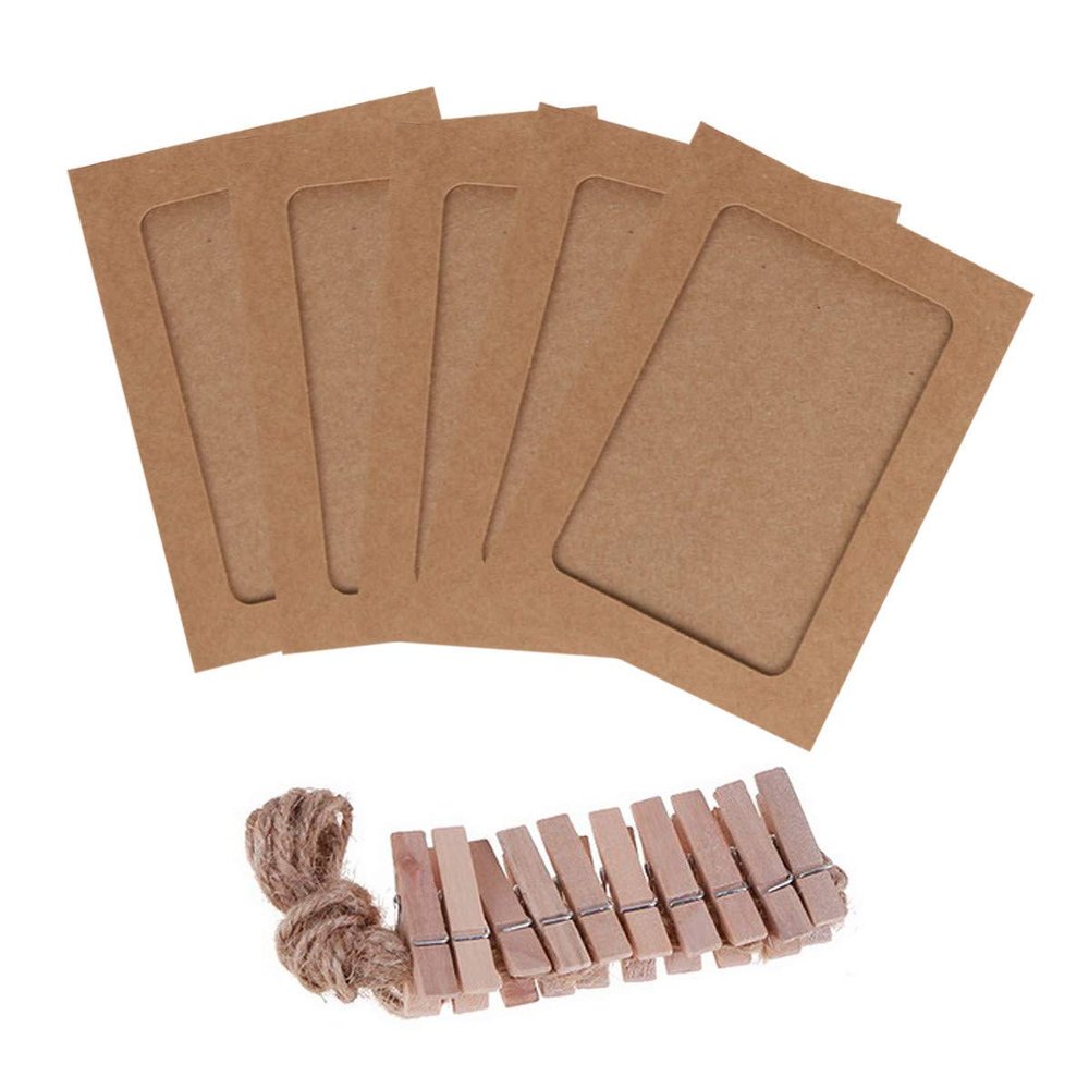 10pcs Kraft Paper Photo Frame with Wood Clips and Jute Twine, DIY Picture Frame Mat Cardboard Hanging Wall Decoration for Wedding Brithday Party Craft, 4 x 6 Inch