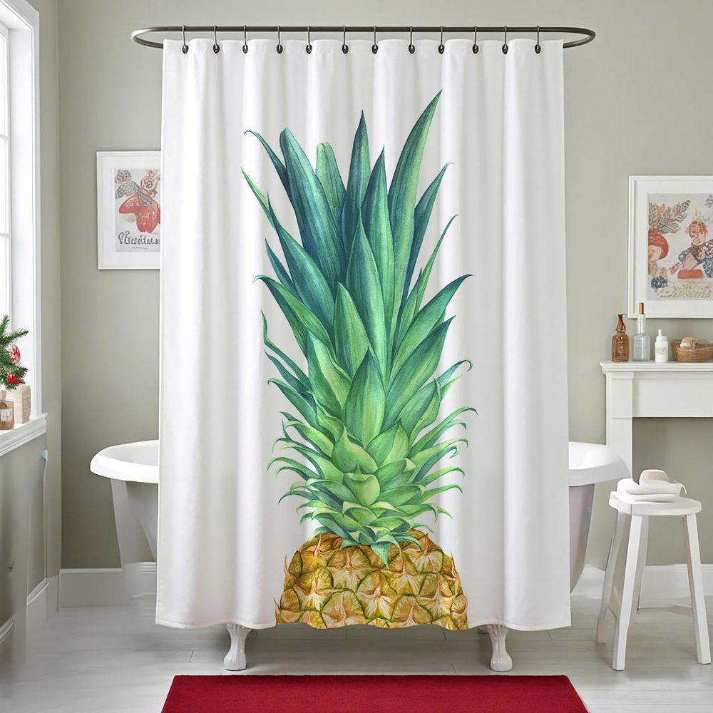 Becan Pineapple Shower Curtain Watercolor Pineapple Tropical Fruit Green Yellow Polyester Fabric Bathroom Shower Curtain 72X72 Inches
