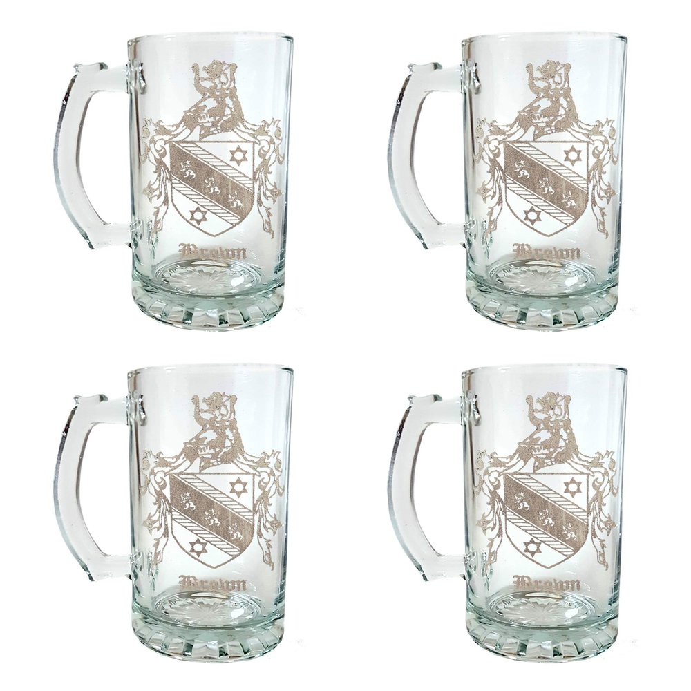 Brown English Family Coat of Arms Beer Stein Set  16 oz, Set of 4  Personalized Heraldic Engraving