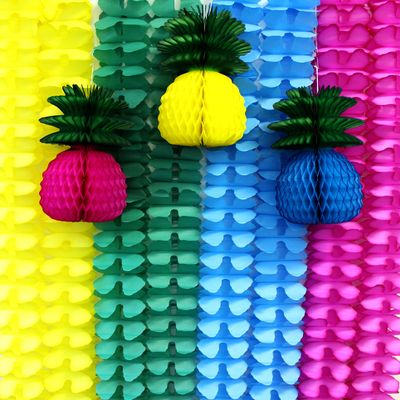 11-Piece Set of Hawaiian Themed Honeycomb Party Decorations in Yellow, Green, Turquoise, and Cerise (Eight 12 Foot Garlands and Three 13 Inch Pineapples)