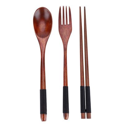 3pcs Wooden Flatware Set, Travel Cutlery Wooden Portable Set Chopsticks Spoon Fork Tableware Dinnerware with thread(with black thread)
