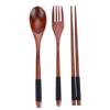 3pcs Wooden Flatware Set, Travel Cutlery Wooden Portable Set Chopsticks Spoon Fork Tableware Dinnerware with thread(with black thread) view 1
